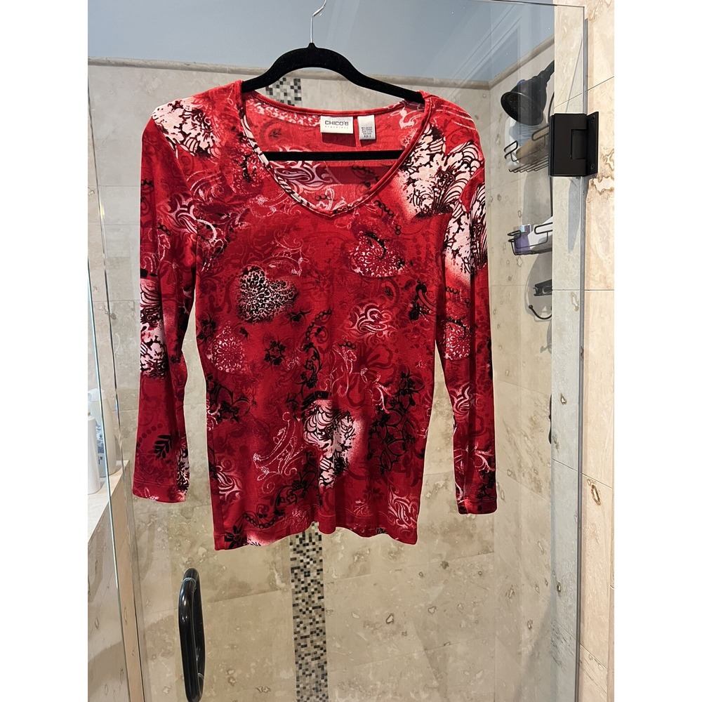 Chico's Travelers Red Black Heart Print V-Neck Long Sleeve Blouse Size 0